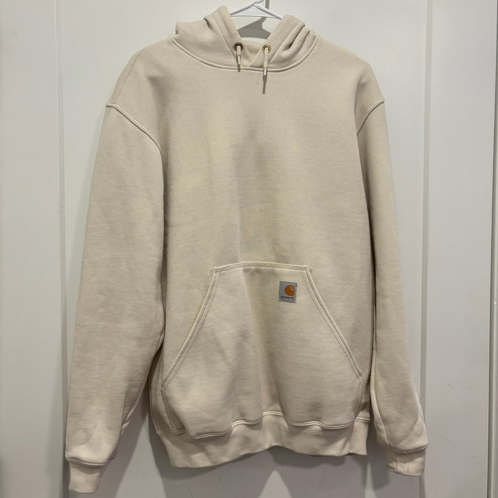 Carhartt Mens Midweight Hooded Sweatshirt Cream Beige Logo Hoodie Mens Medium